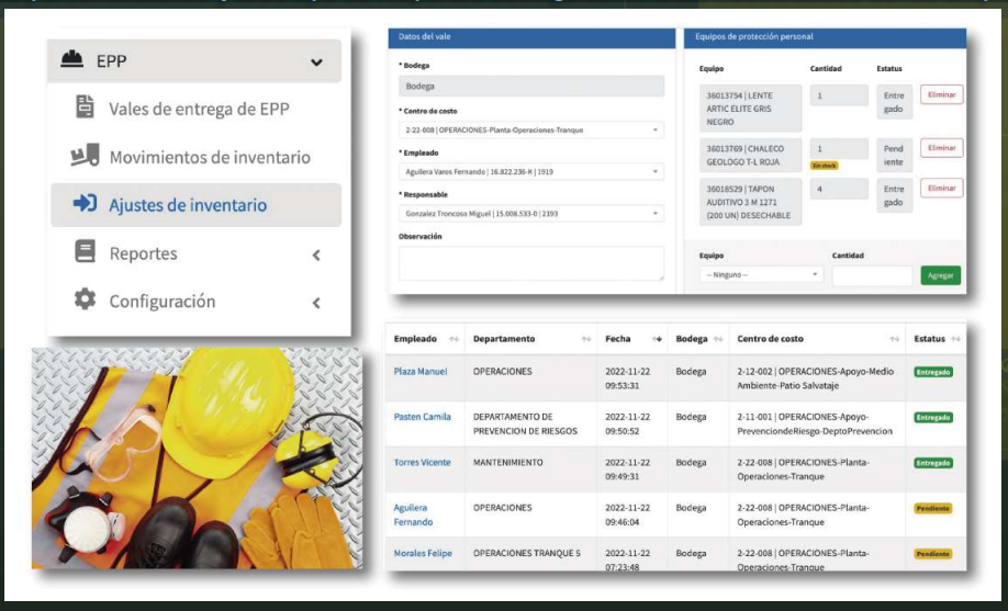 Módulo de Gestión de entrega y uso de Equipo de Protección Personal (EPP). Safety Mantis. Software de Seguridad Industrial y Salud Ocupacional