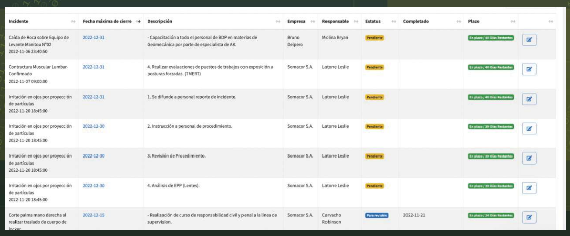 Módulo de Planes de Acción. Software de Seguridad Industrial y Salud Ocupacional