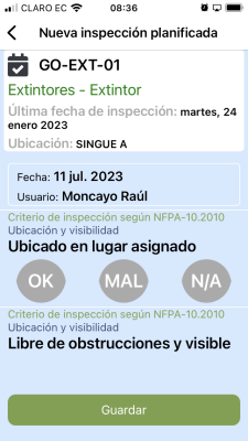 Inspección de extintores, aplicación Móvil